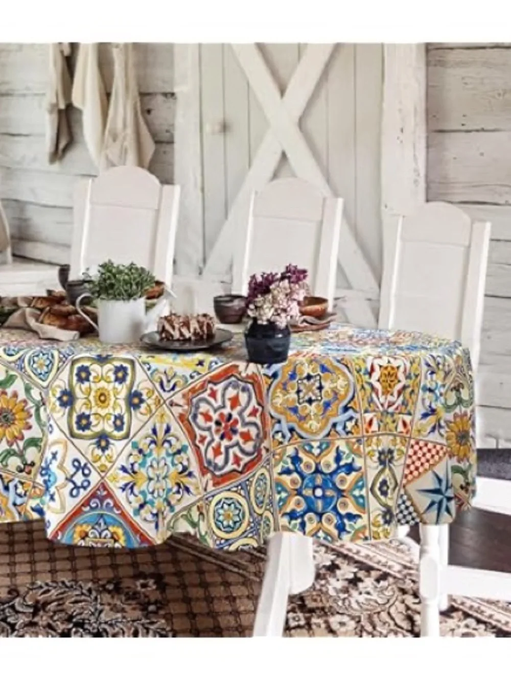NWT! Mediterranean Tile Print Outside Tablecloth - Multicolor